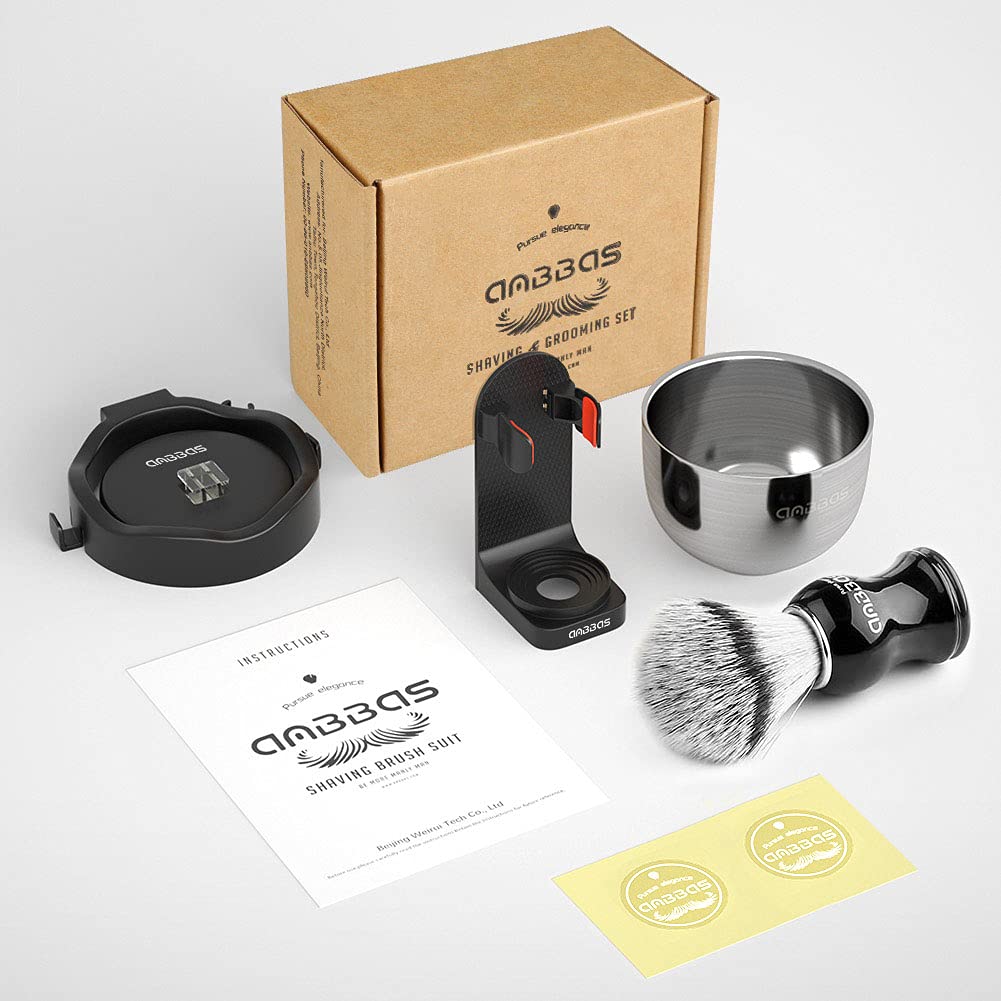 Faux Badger Hair Shaving Brush and Bowl with Black ABS Space-Saving Style Soap Bowl and Brush Holders 4IN1 Shaving