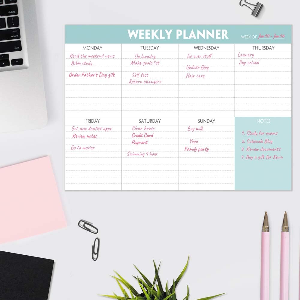 Weekly Planner Notepad - Tear Off Planning Pad with Daily Schedule & Calendar, 52 Sheets, 100gsm Paper, Undated