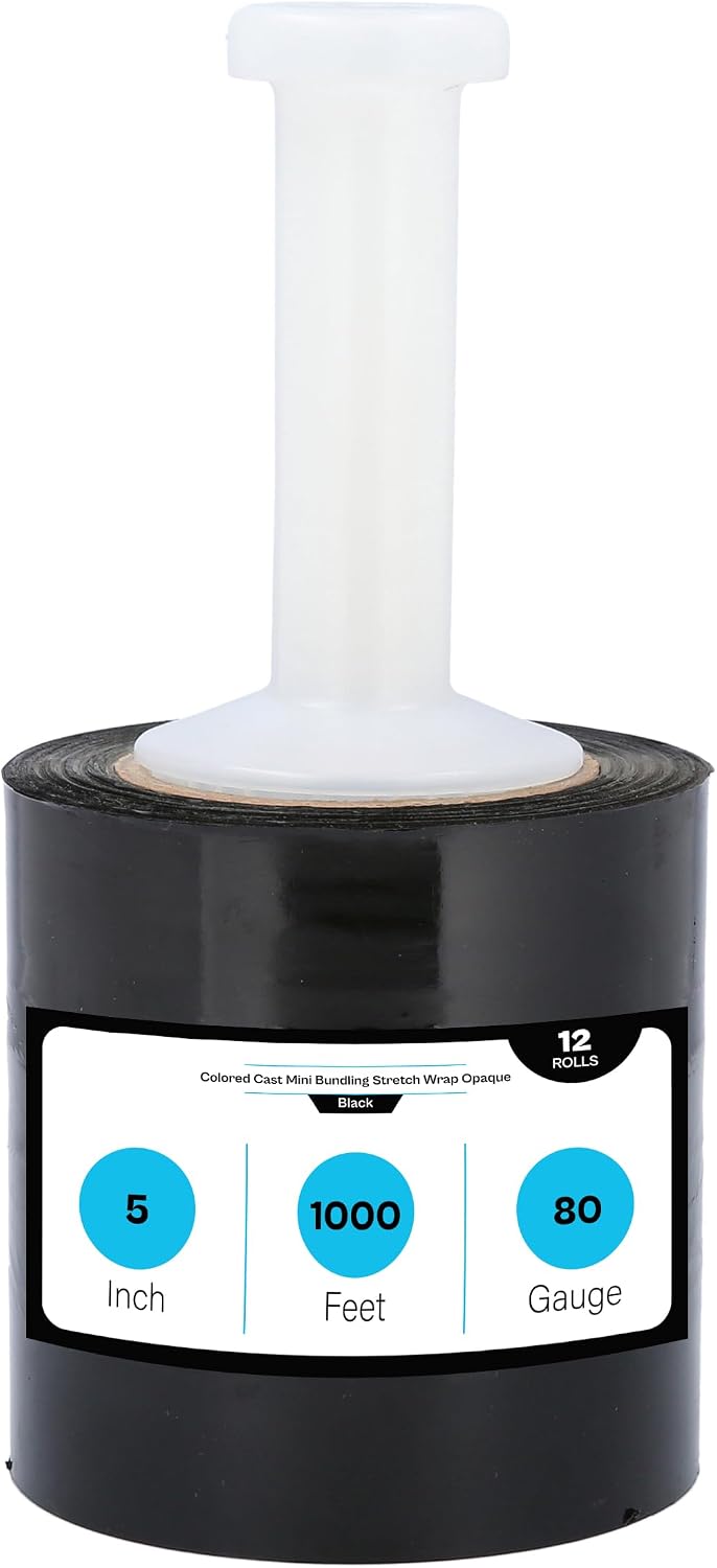 Black Stretch Wrap, 12 Pack, 5 Inch, 1000 Feet/Roll