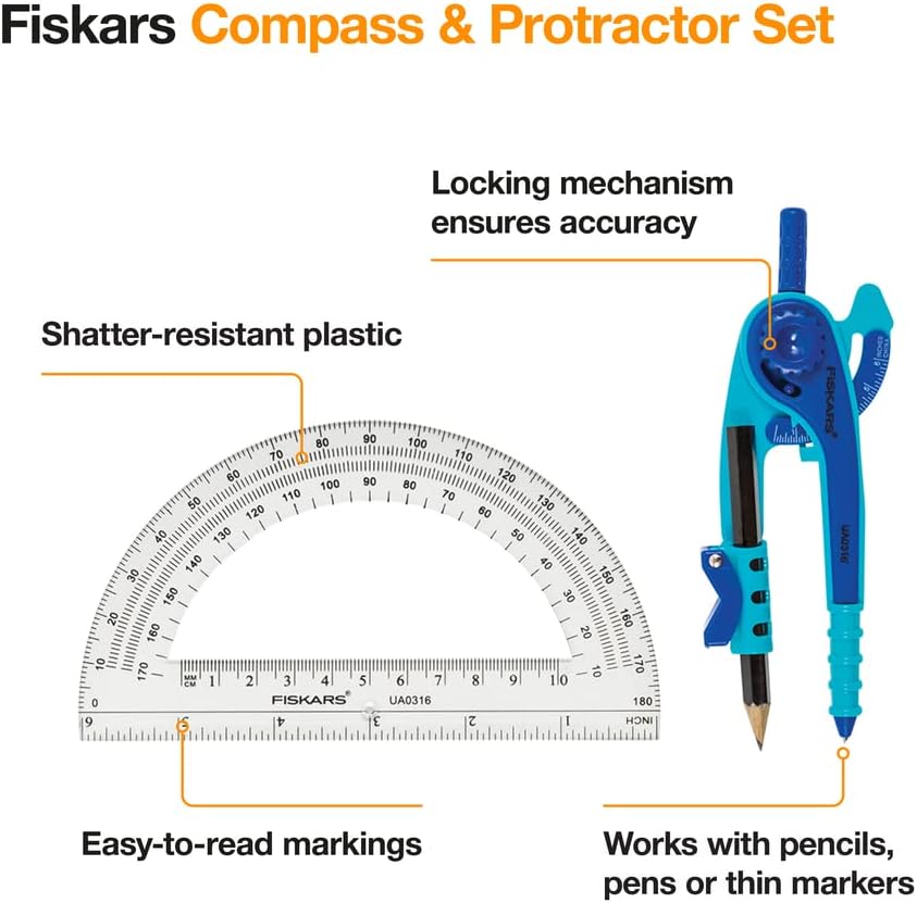 Fiskars Geometry Set, Compass and Protractor Set, Color Received May Vary