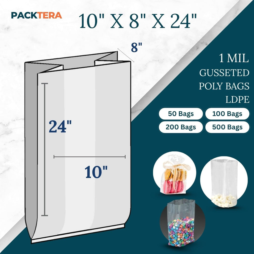 10" X 8" X 24" Gusseted Poly Bags Clear LDPE 1 Mil Thickness (Pack of 100) Open Top Food Safe Flexible Plastic