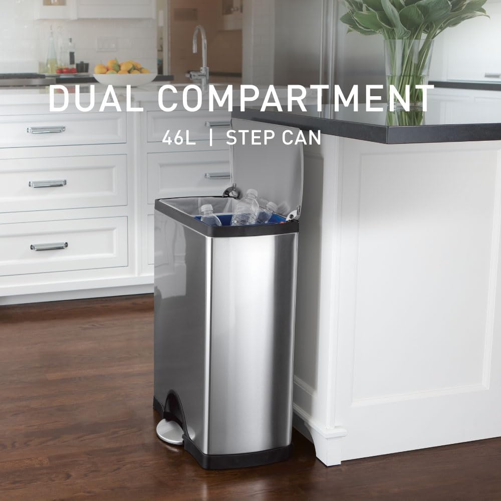 Rectangular Dual Compartment Recycling Kitchen Step Trash Can, 46 Liter, Brushed Stainless Steel