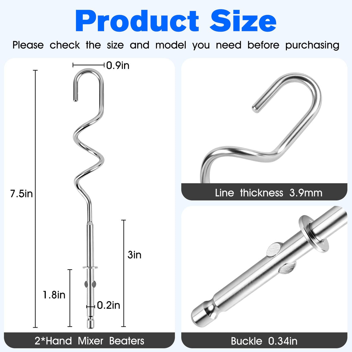 Hand Mixer Dough Hook For Hamilton Beach Mixer Attachment - 2 PCS