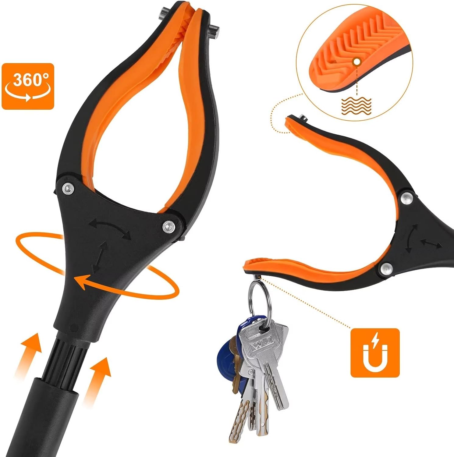 43" Extra Long Grabber Tool, Foldable Grabbers for Elderly Grab It Reaching Tool with Rotating Jaw +Magnets, 4" Wide