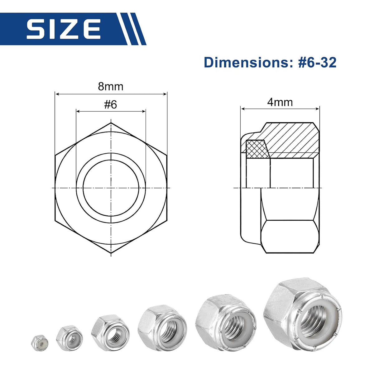 10Pcs #6-32 Nylon Locking Hex Nuts 304 StainlessSteel Silver