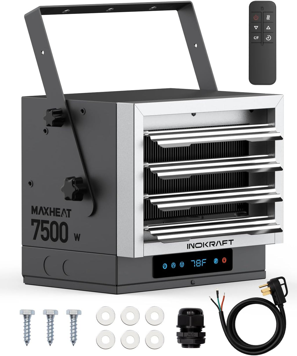 7,500W Electric Garage Heater, Wire: 8 AWG, Plug: NEMA 14-50P, Remote, Ceiling Mount, Digital Thermostat, 240 Volt
