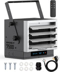 7,500W Electric Garage Heater, Wire: 8 AWG, Plug: NEMA 14-50P, Remote, Ceiling Mount, Digital Thermostat, 240 Volt