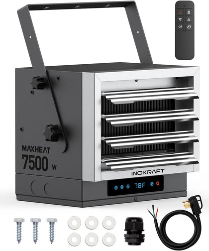 7,500W Electric Garage Heater, Wire: 8 AWG, Plug: NEMA 14-50P, Remote, Ceiling Mount, Digital Thermostat, 240 Volt