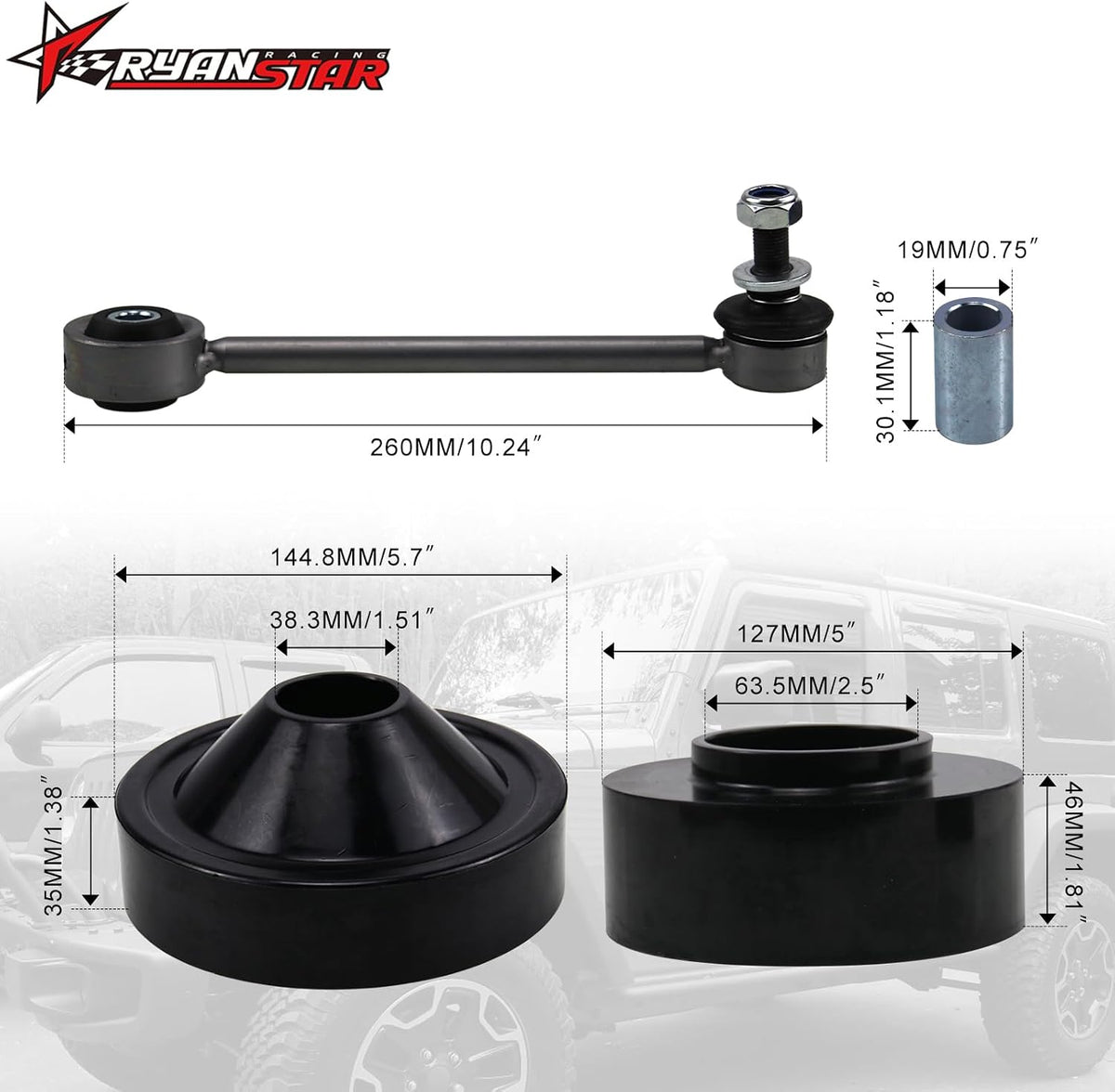 RYANSTAR 2" Front&1" Rear Lift Kit Compatible with 07-18 Jeep Wrangler JK