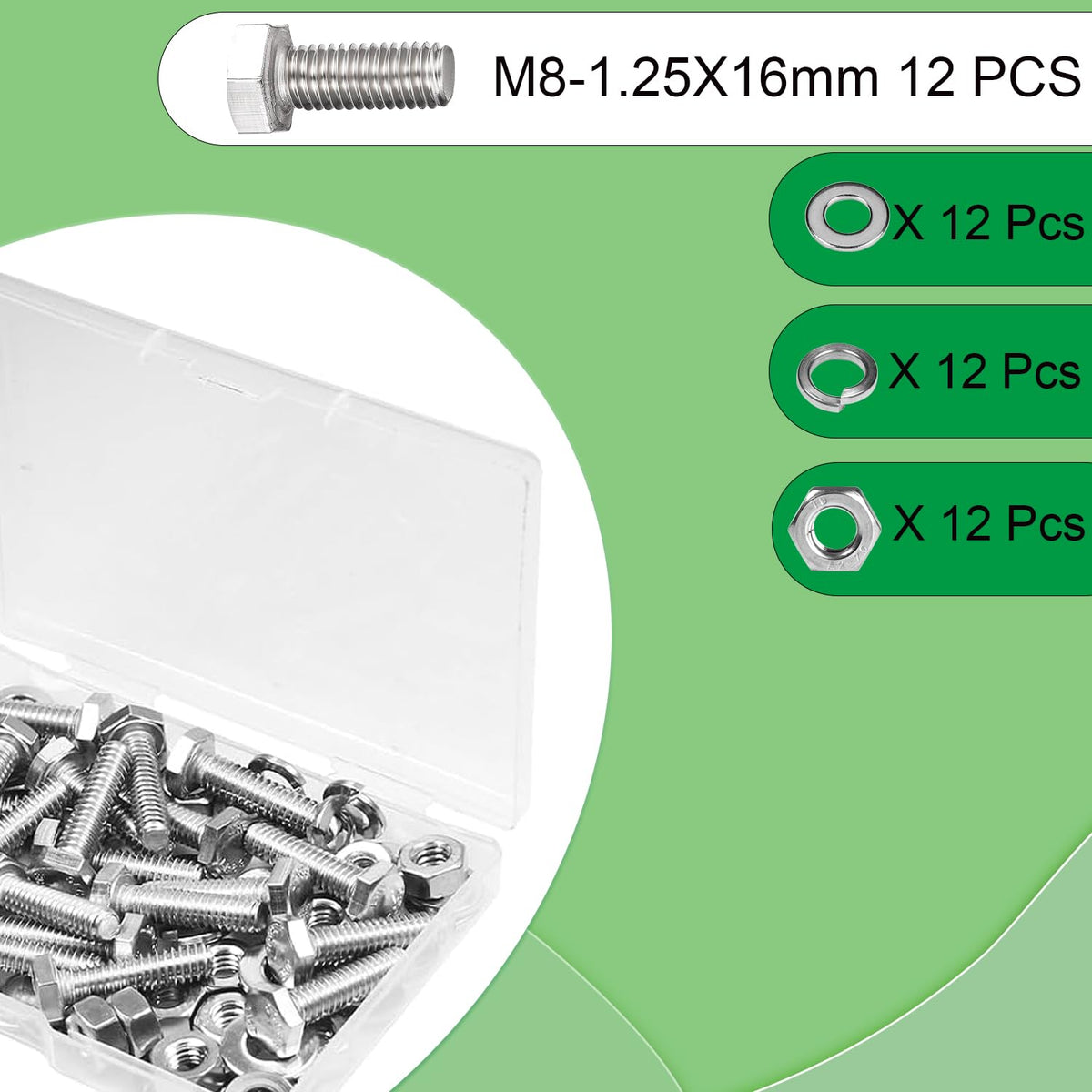 M8 x 16mm Hex Head Screws Bolts, Nuts, Flat & Lock Washers Kits