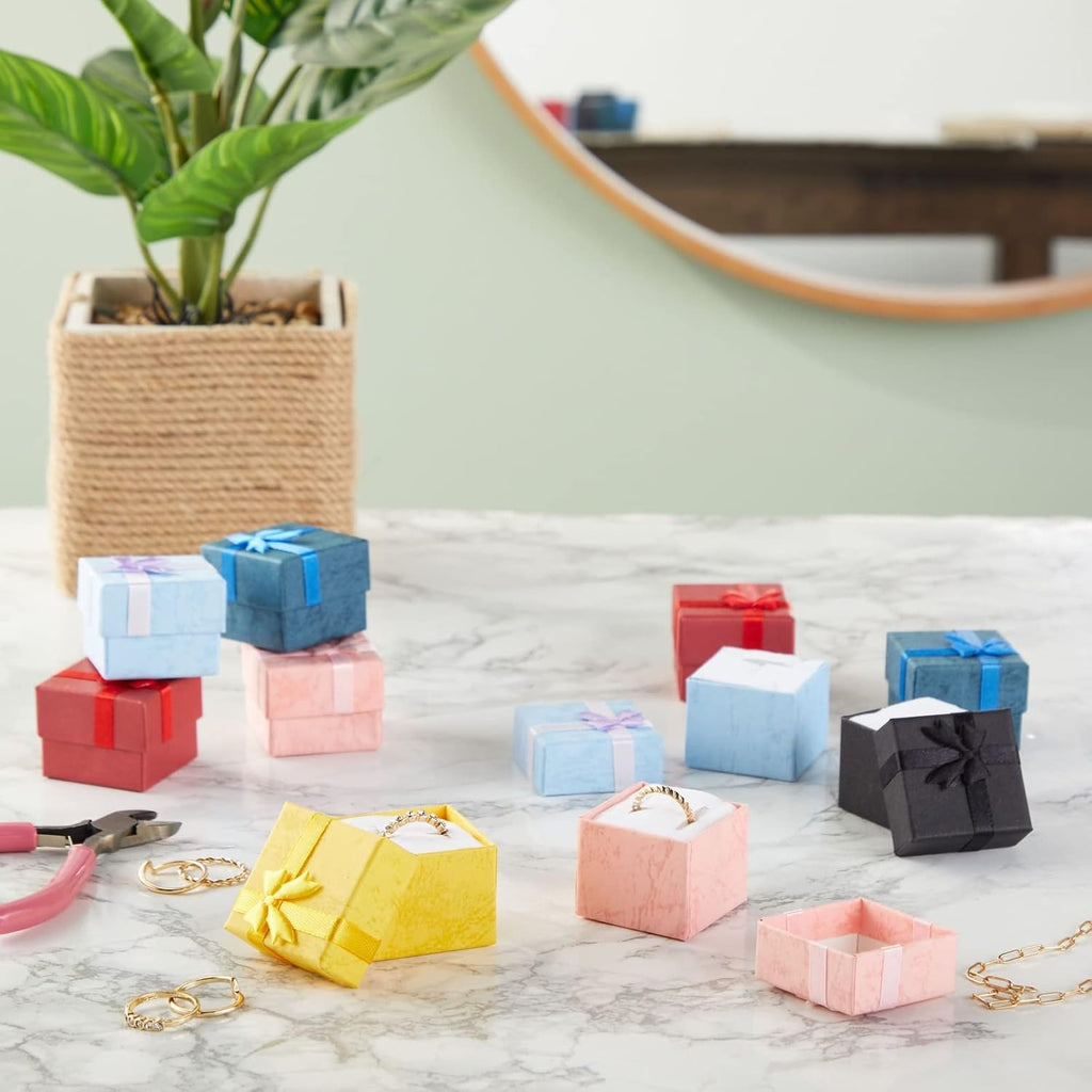 Ring Boxes Bulk Set - 24-Pack Multi-Color Square Cardboard, 1.6 x 1.2 x 1.6 In - Mini Gift Box with Lid & Bow for