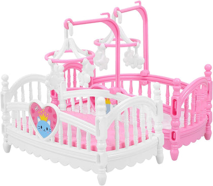 2pcs Mini Doll Cribs, Miniature Doll Beds Dollhouse Crib with Mobile for Mini House Furniture Set Miniature Dollhouse