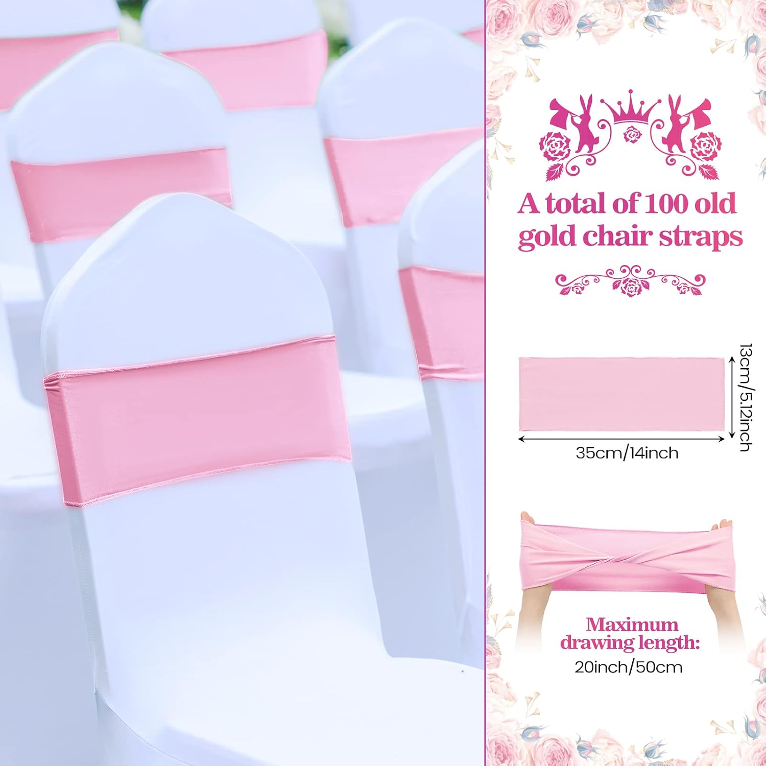 100 Pcs Spandex Chair Sashes Wedding Stretch Bands, Pink