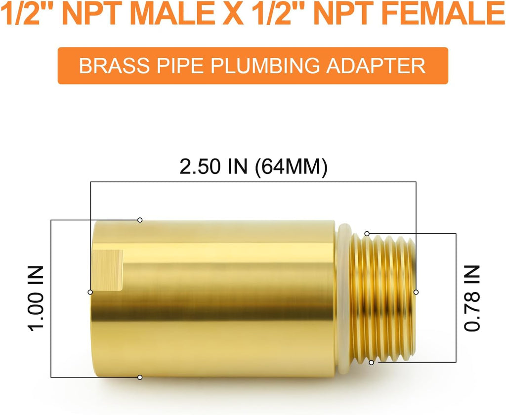 2Pcs Brass Pipe Plumbing Adapter with Rubber O-ring, 1/2" NPT Male x 1/2" NPT Female Pipe Fitting Coupler,Length