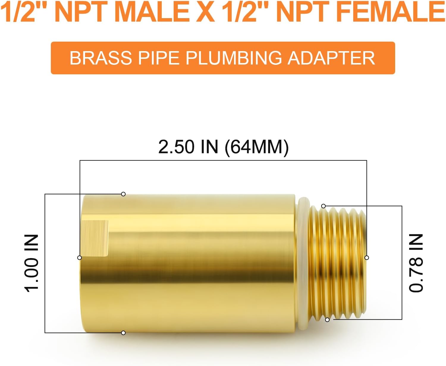 2Pcs Brass Pipe Plumbing Adapter with Rubber O-ring, 1/2" NPT Male x 1/2" NPT Female Pipe Fitting Coupler,Length