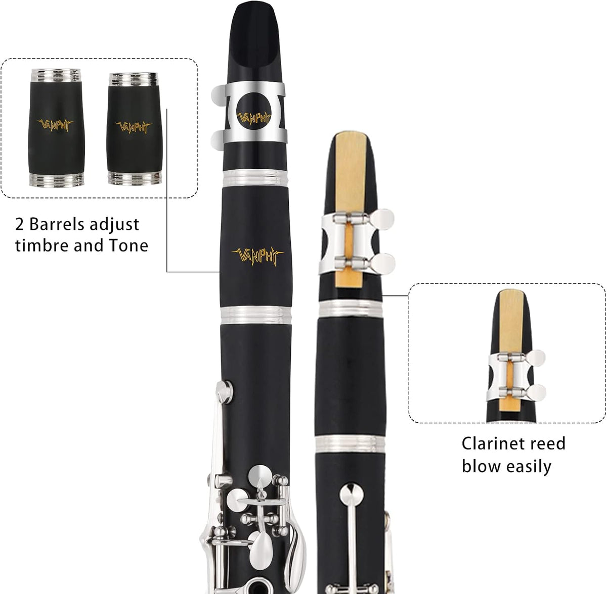 Bb Clarinet 17 Keys Flat B Clarinet for Beginners & Students Black | with Case,Stand,Strap,2 Barrels,8 Mouthpiece
