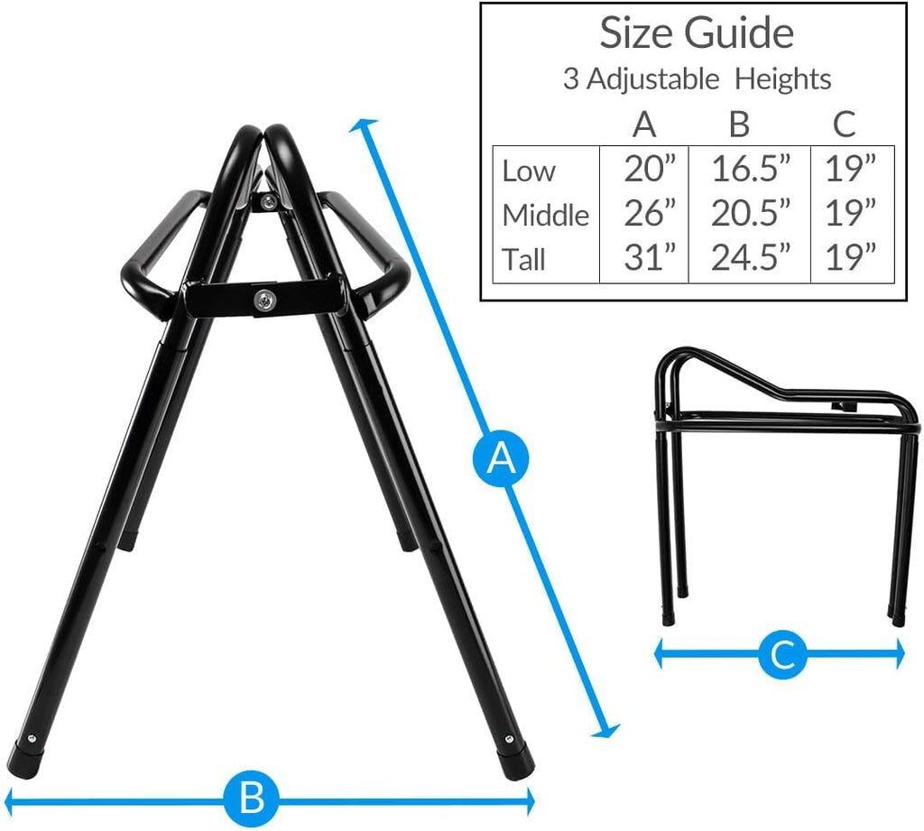 Adjustable Saddle Stand, Black Enameled Steel, Collapsible for Storage, Height 20 to 32 Inches, Portable for Car