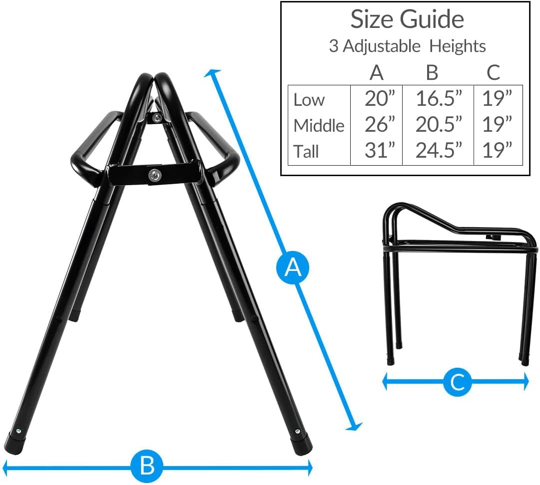 Adjustable Saddle Stand, Black Enameled Steel, Collapsible for Storage, Height 20 to 32 Inches, Portable for Car
