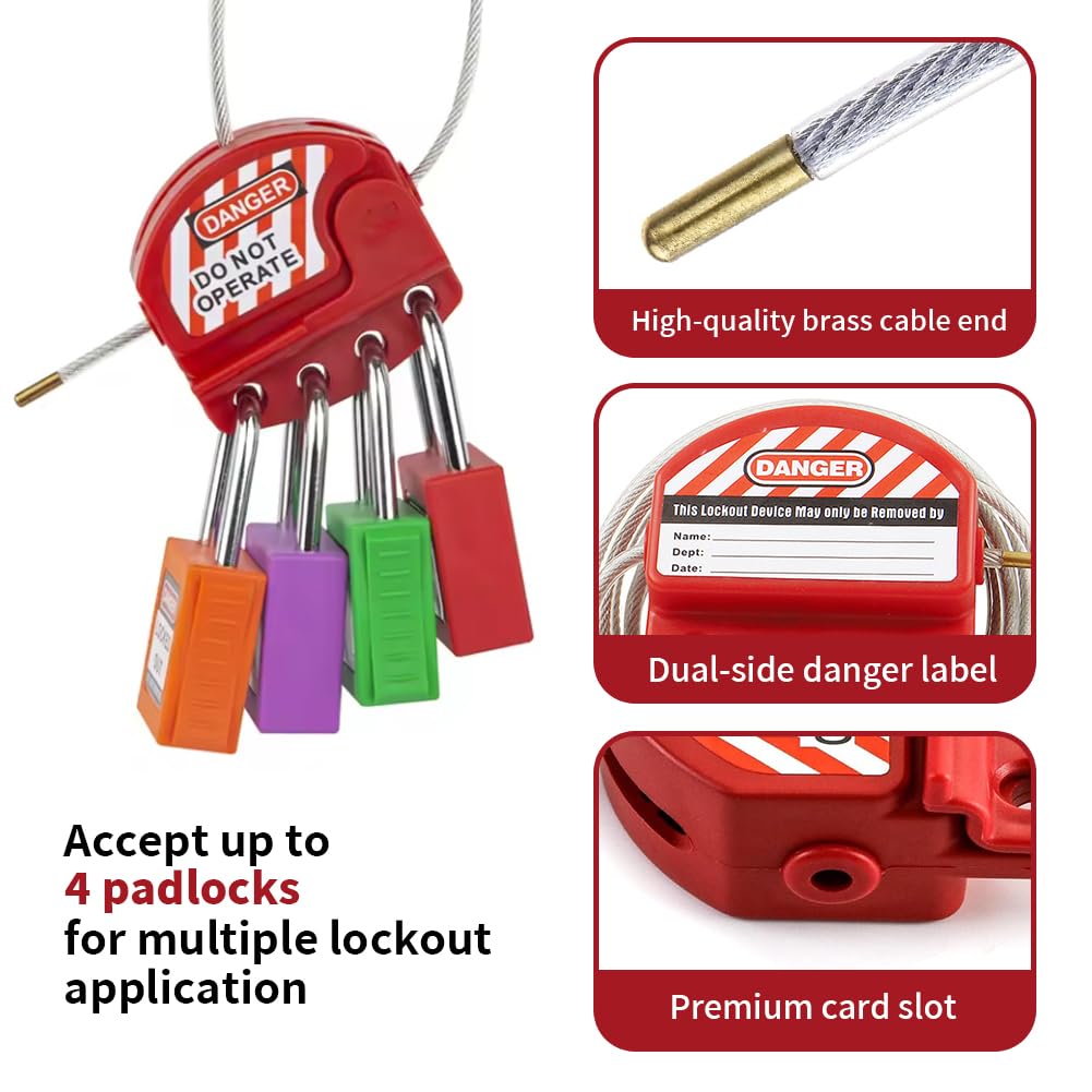 2 Lockout Tagout Cable Lock,6.5 ft Safety Adjustable Lockout Red