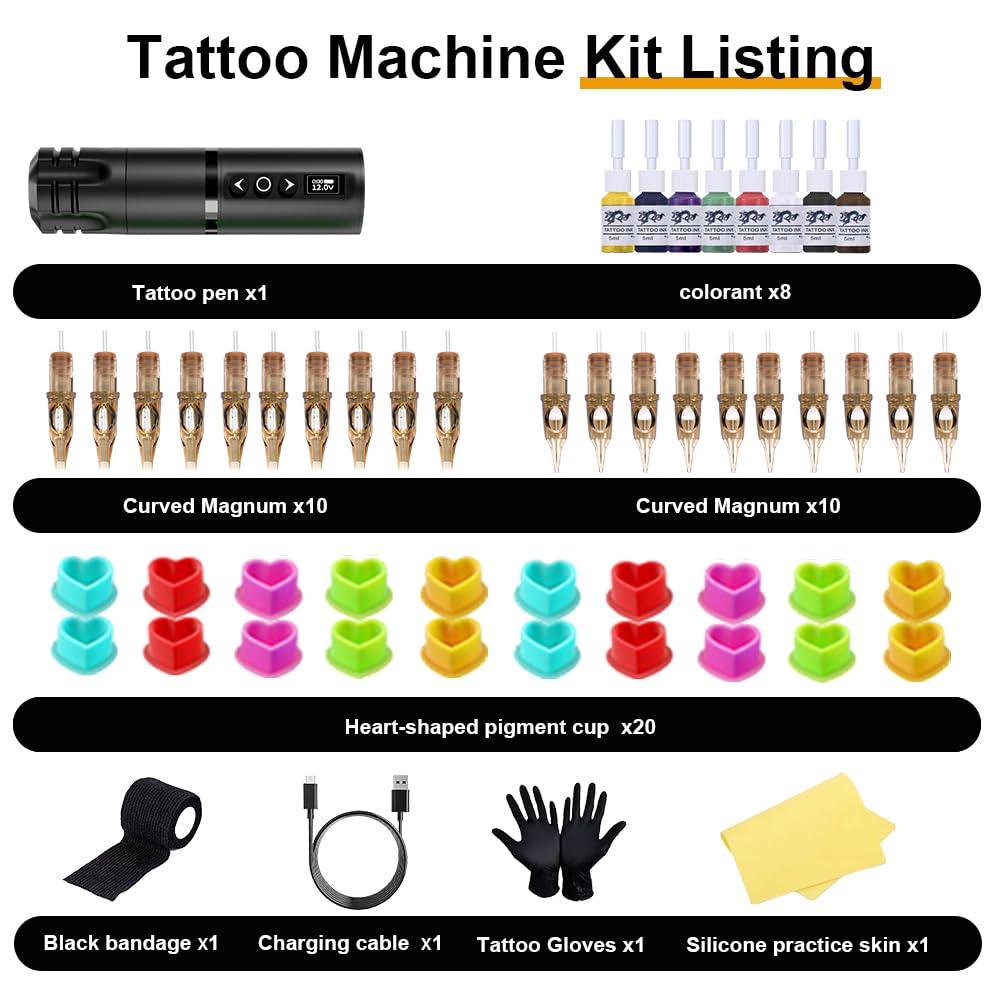 Tattoo Pen Machine Kit, 20 Cartridges & 7 Practice Inks（black）