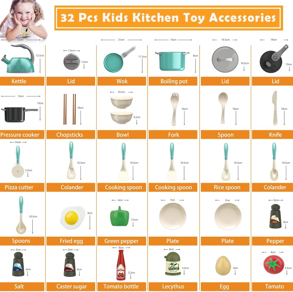 32Pcs Kids Play Kitchen Toys Set, Toddlers Pretend Cooking Playset Acccessories with Pots Pans, Utensils Cookware