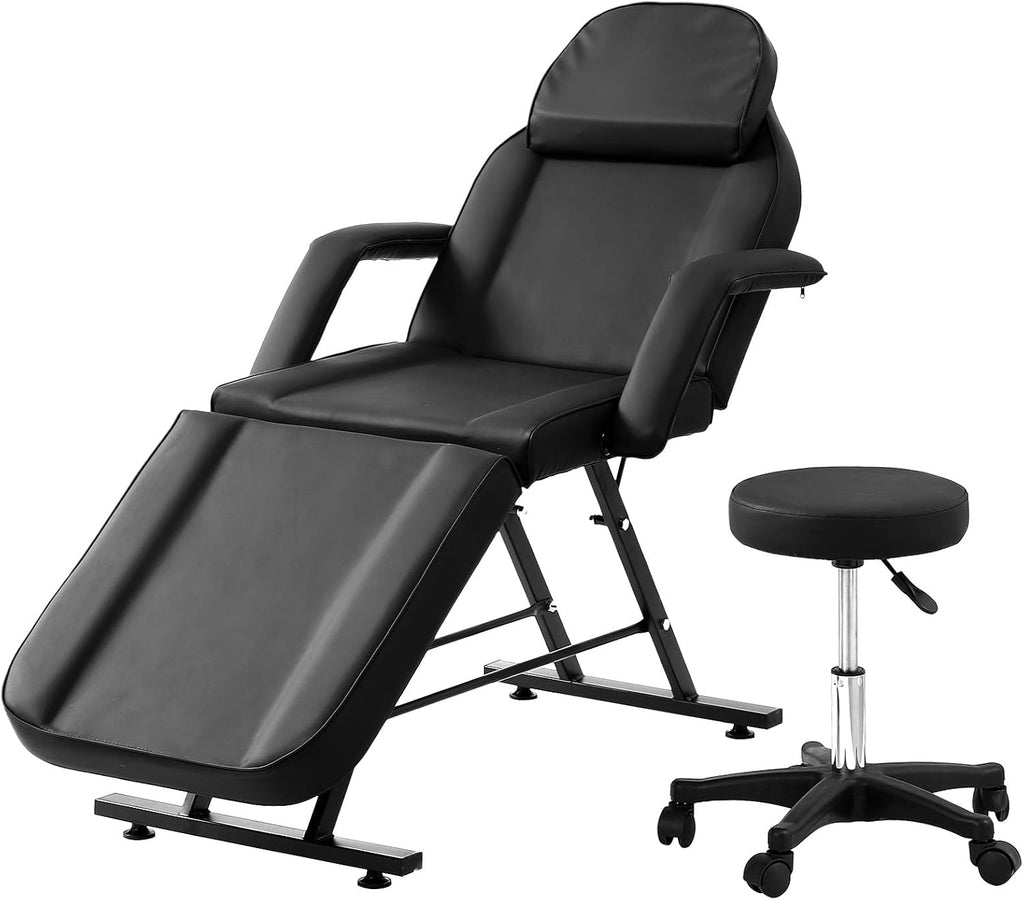 72" 3-Section Massage Table & Facial Chair, Black Spa Bed for Lash & Beauty Salon with Hydraulic Stool, Adjustable