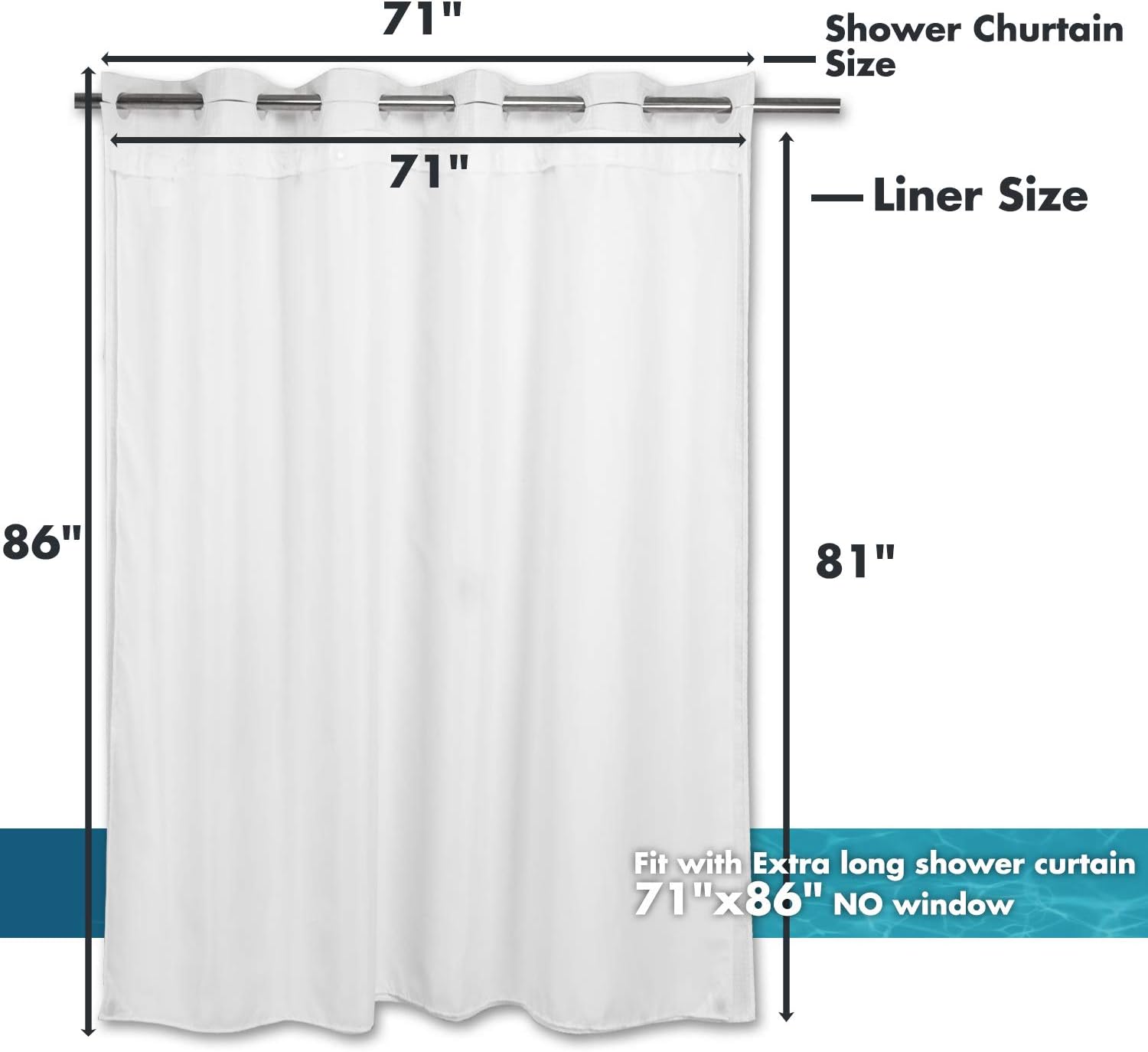 Extra Long Snap in Shower Curtain Liner Replacement, with Magnets (70 x 81, Fabric)