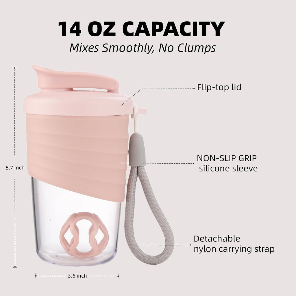 Protein Shaker Bottle, Pink, 14 oz Leak-Proof with Non-Slip Silicone Grip, Mixing Ball, Detachable Nylon Strap
