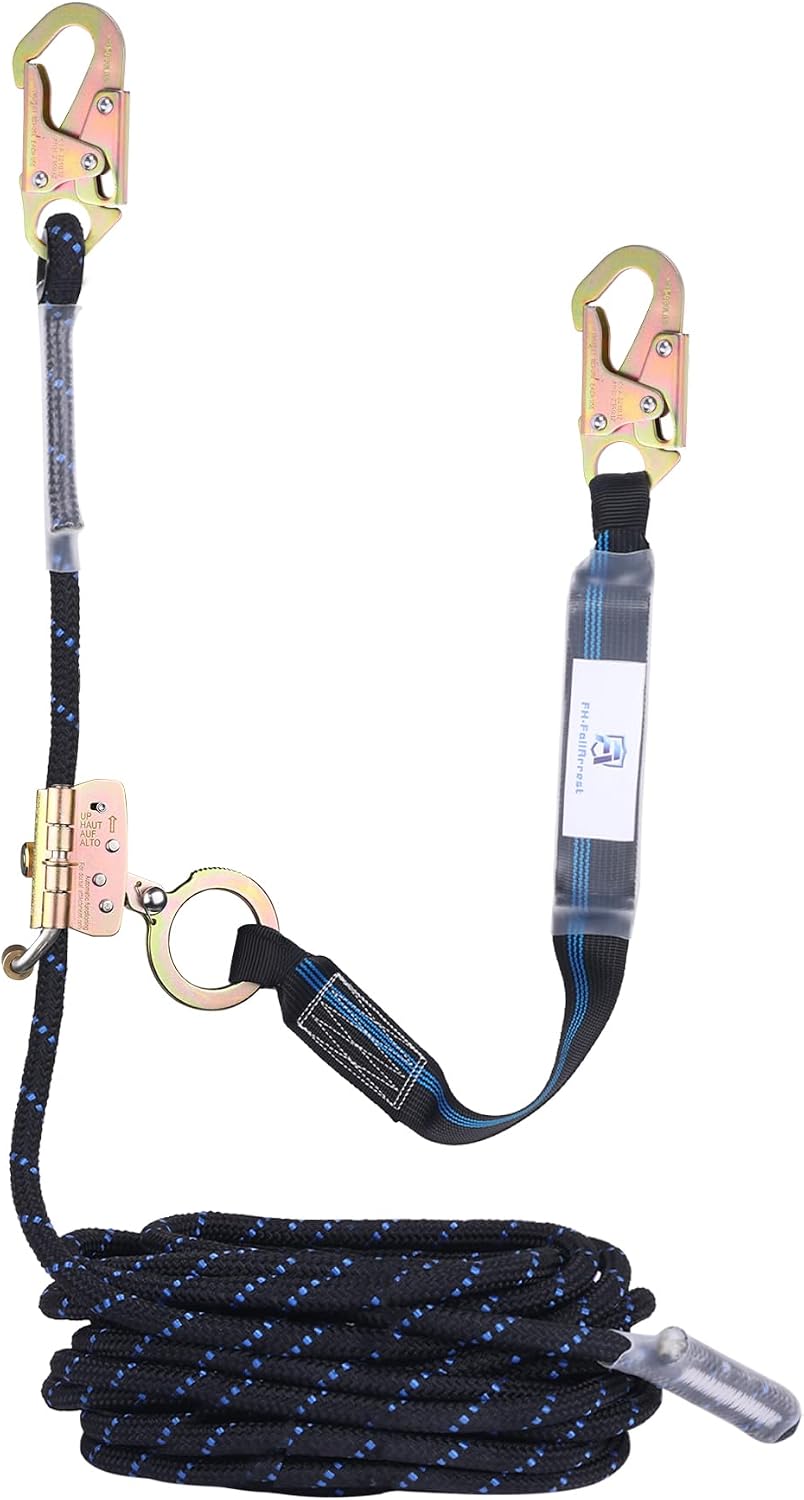 50FT Vertical Lifeline Assembly with Alloy Steel Anti-Panic Rope Grab Snap Hook Shock Absorb Lanyard, Fall Protection