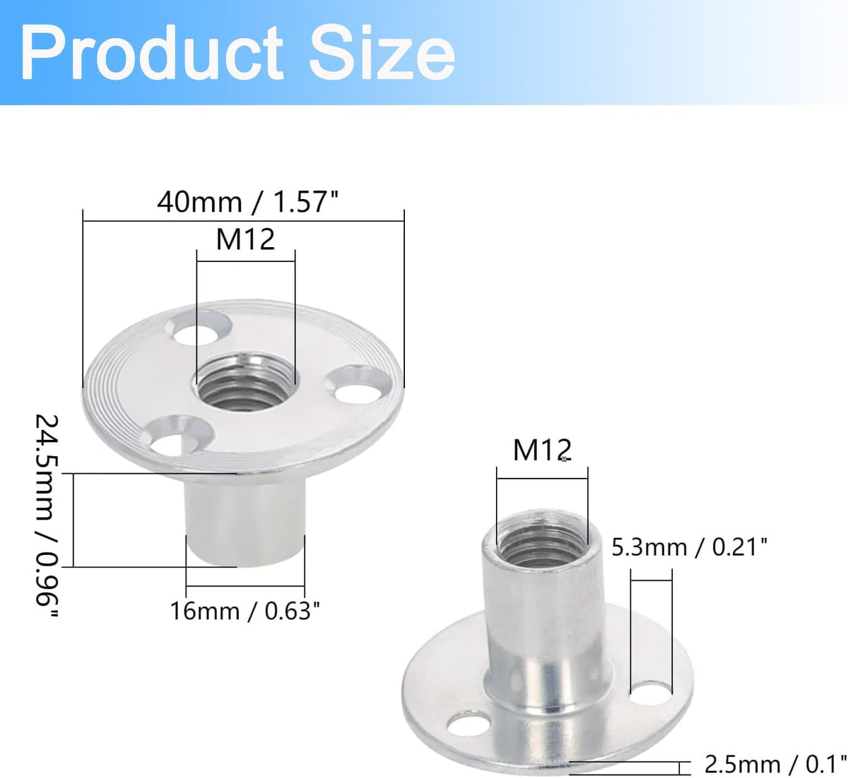 5Pcs M12 Brad Hole Tee Nut Zinc Plated Carbon Steel