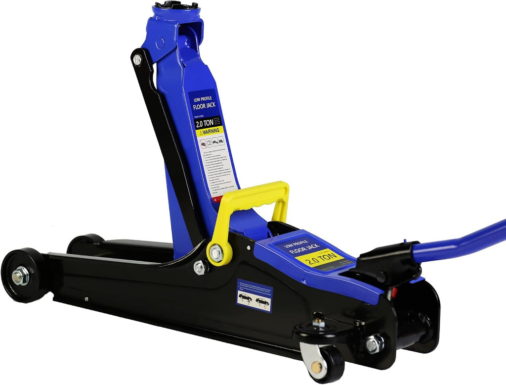 Black+Blue 2 Ton Low Profile Steel Racing Floor Jack with Quick Lift Pump - 2t Jack Stand Tire Repair Kit - Lifting