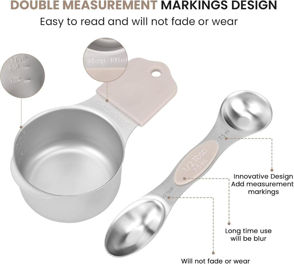 Magnetic Measuring Cups and Spoons Set-Heavy Duty 304 Stainless Steel，Double Measurement Markings，Set of 16 with