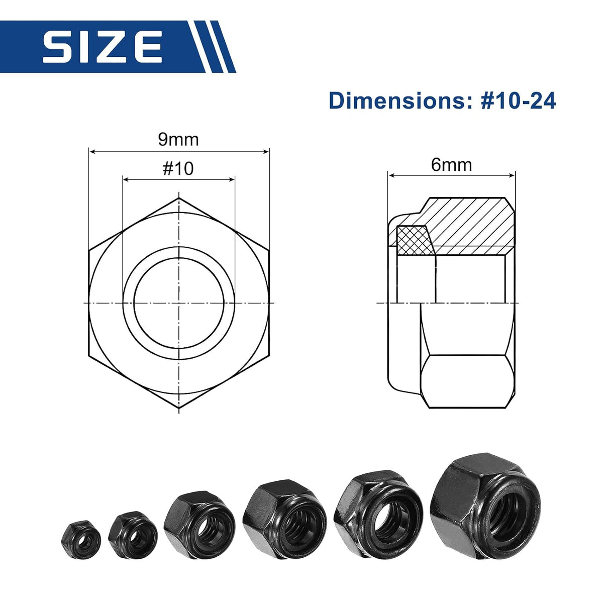 25Pcs #10-24 Nylon Locking Hex Nuts 304 StainlessSteel Black