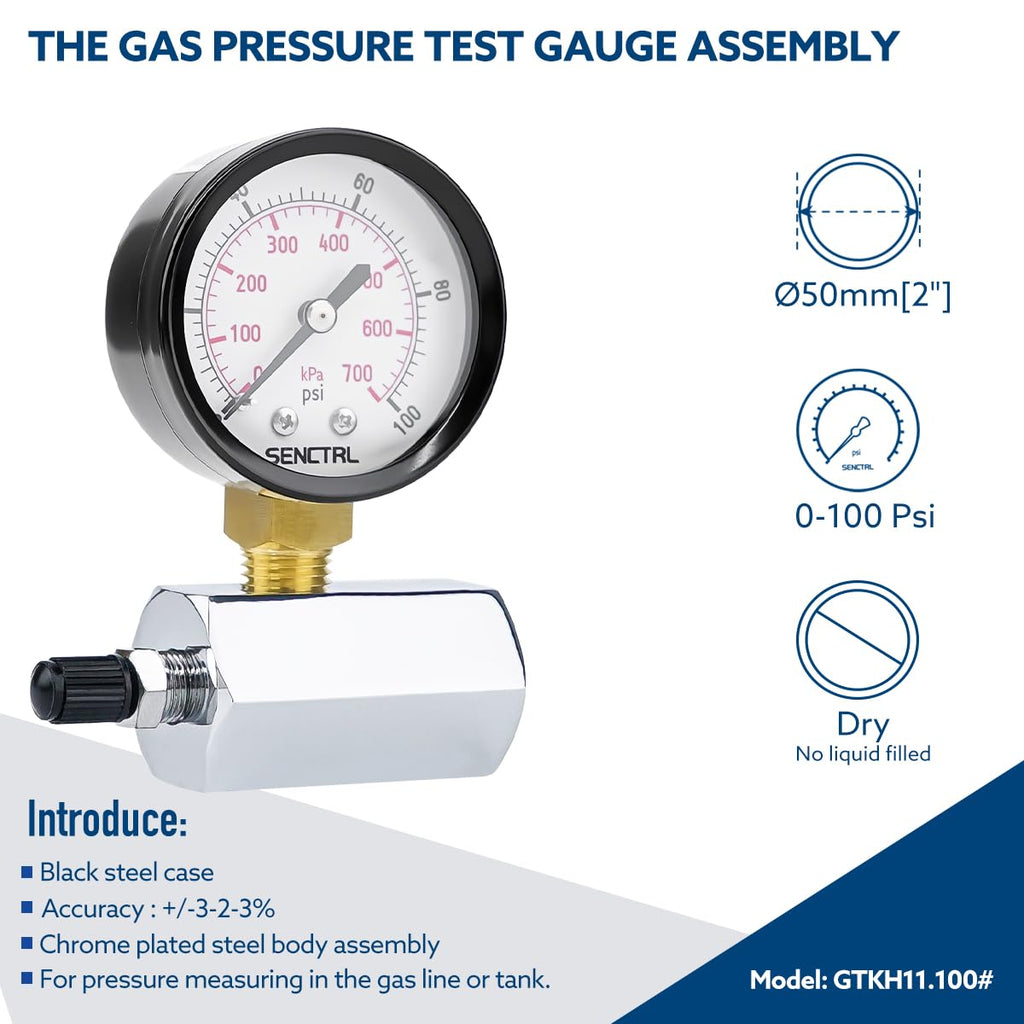SENCTRL 0-100 Psi Gas Pressure Test Gauge, 3/4" FNPT Connection