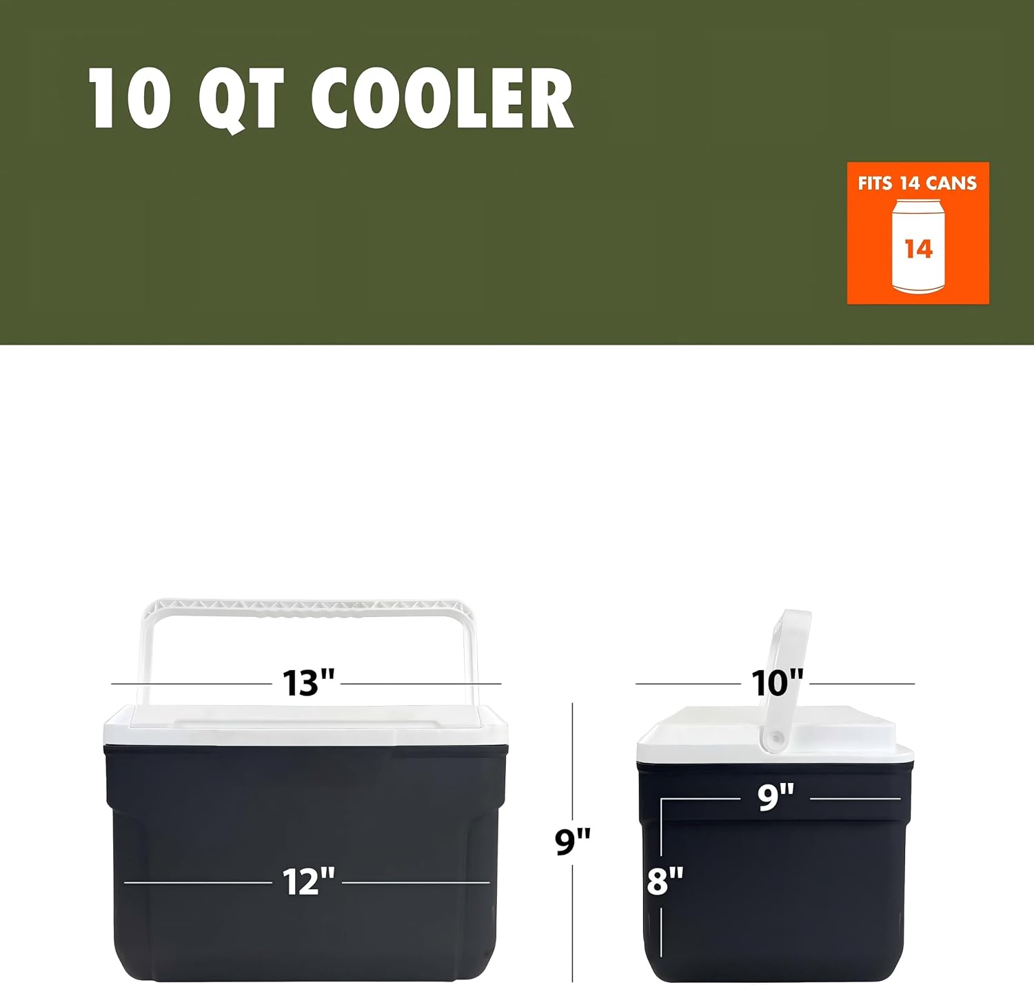 10 QT 14-Can Hard-Sided Cooler Gray, Portable Insulated Ice Chest with Secure Lid, Leakproof Small Cooler Box for