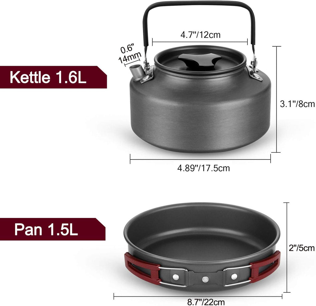 22pcs Camping Cookware Mess Kit, Large Size Hanging Pot Pan Kettle with Base Cook Set for 4, Cups Dishes Forks Spoons