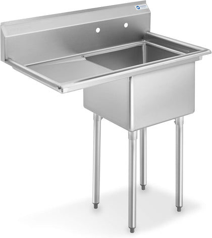 Stainless Steel 1 Compartment Utility Sink with Left Drainboard, NSF Certified Commercial Kitchen Sink, 18" x 18" x