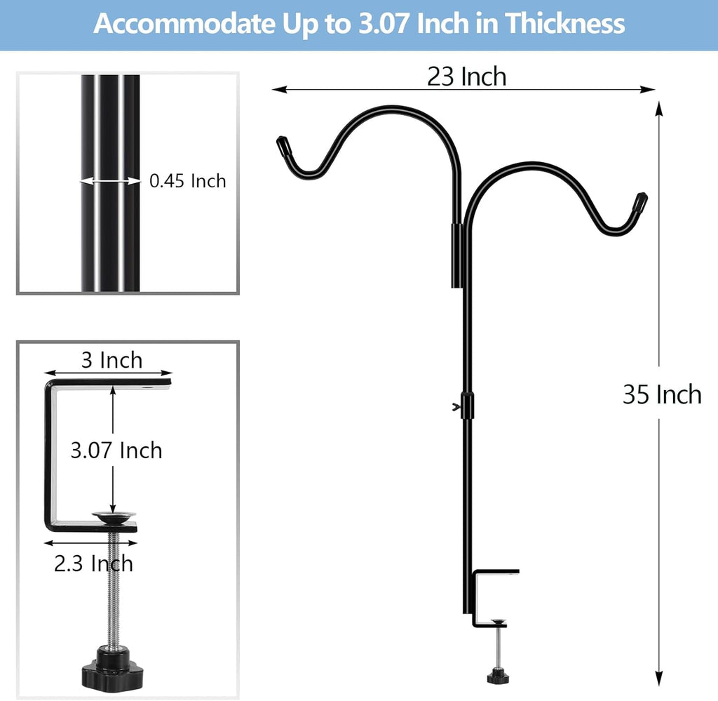 35 Inch 2 Pack Double Deck Hook for Railing, Deck Bird Feeder Pole with 3 Inch Strengthened Clamp for Hanging Bird