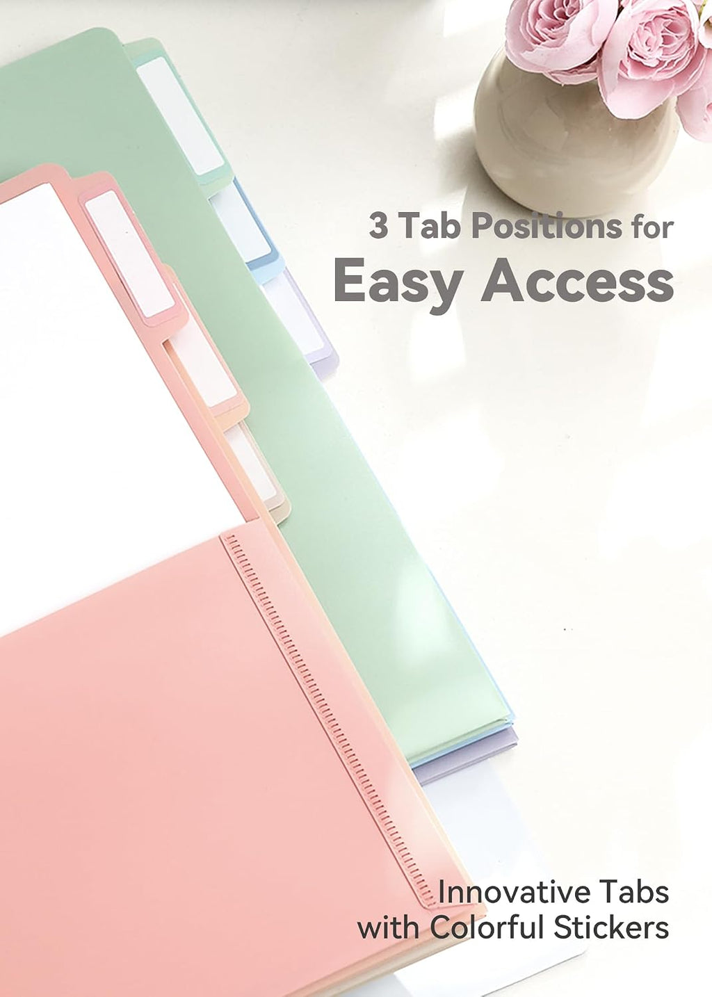 Plastic Folders with Pockets, 3 Hole Punched for 3 Ring Binder, 1/3 Cut Index Tabs for Quick Find, Pastel 6 Pack