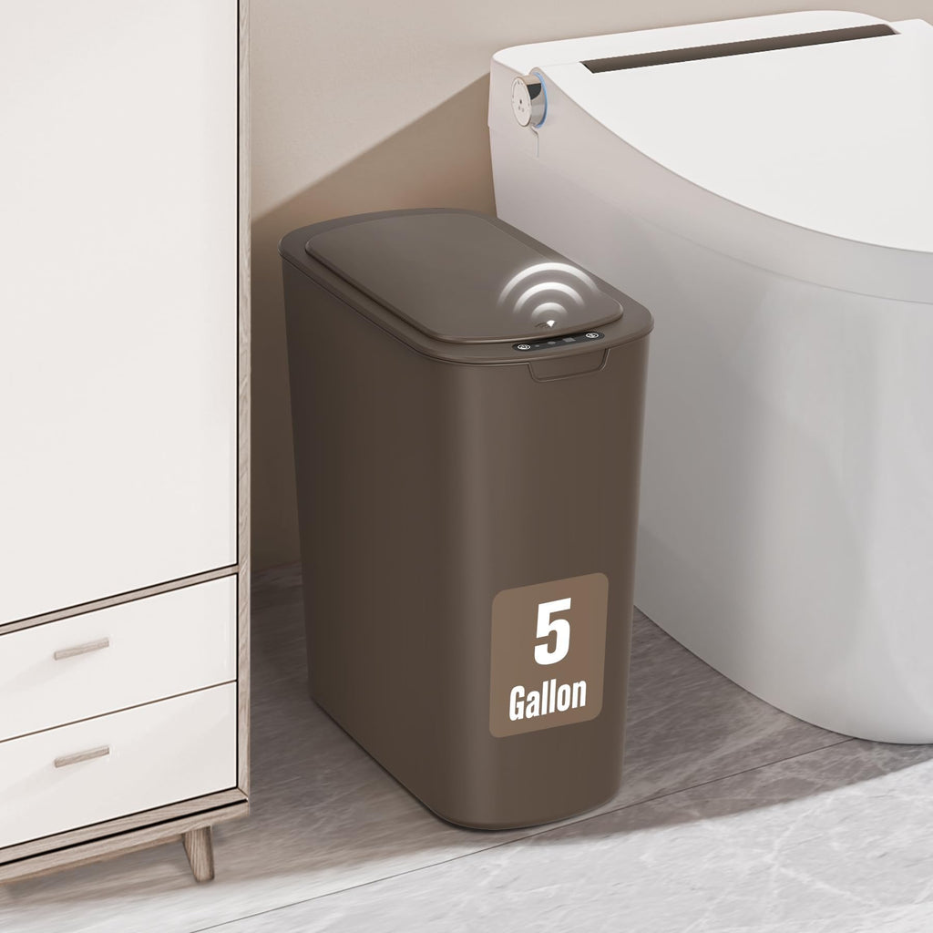 5 Gallon Automatic Bathroom Trash Can with Lid, Brown, Touchless
