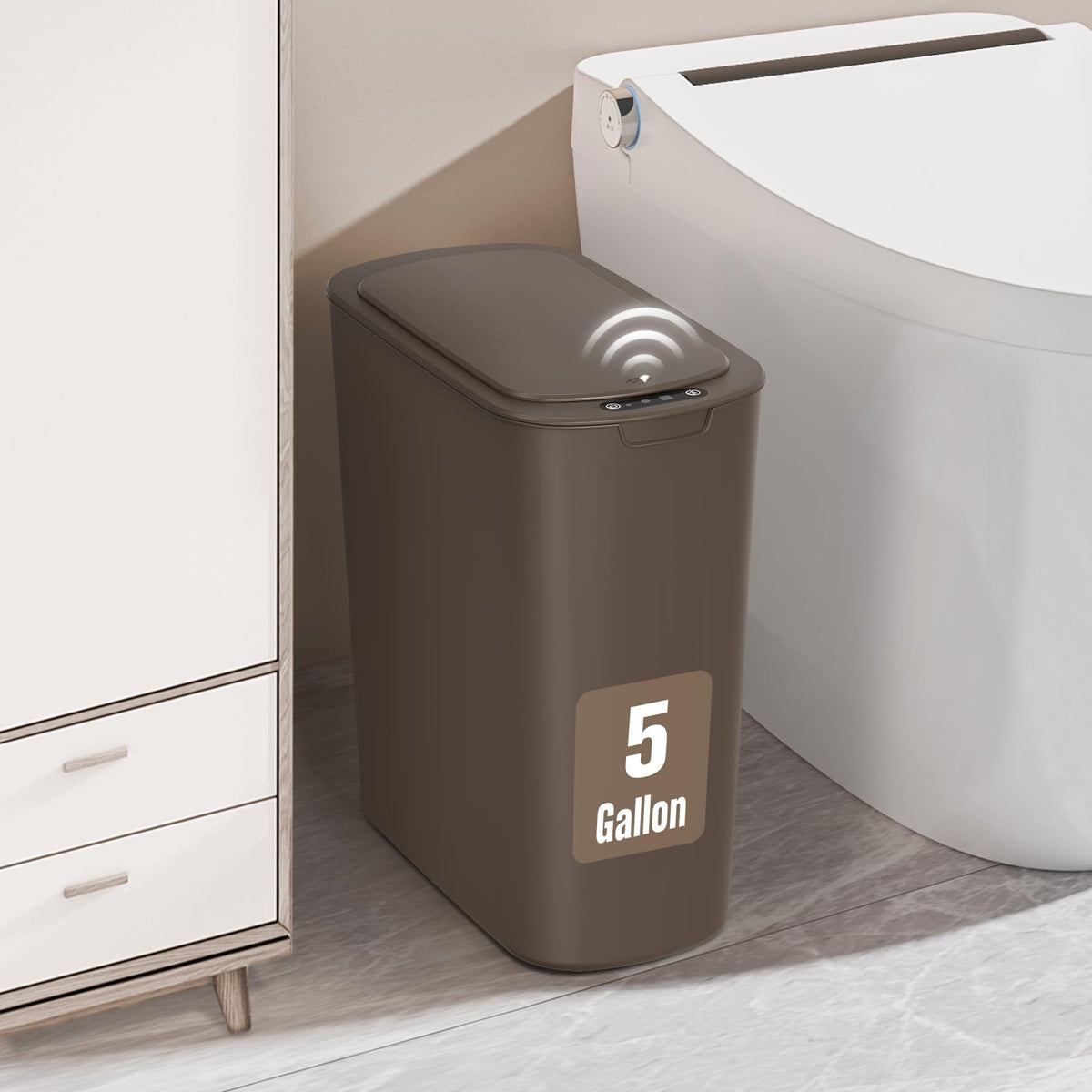5 Gallon Automatic Bathroom Trash Can with Lid, Brown, Touchless