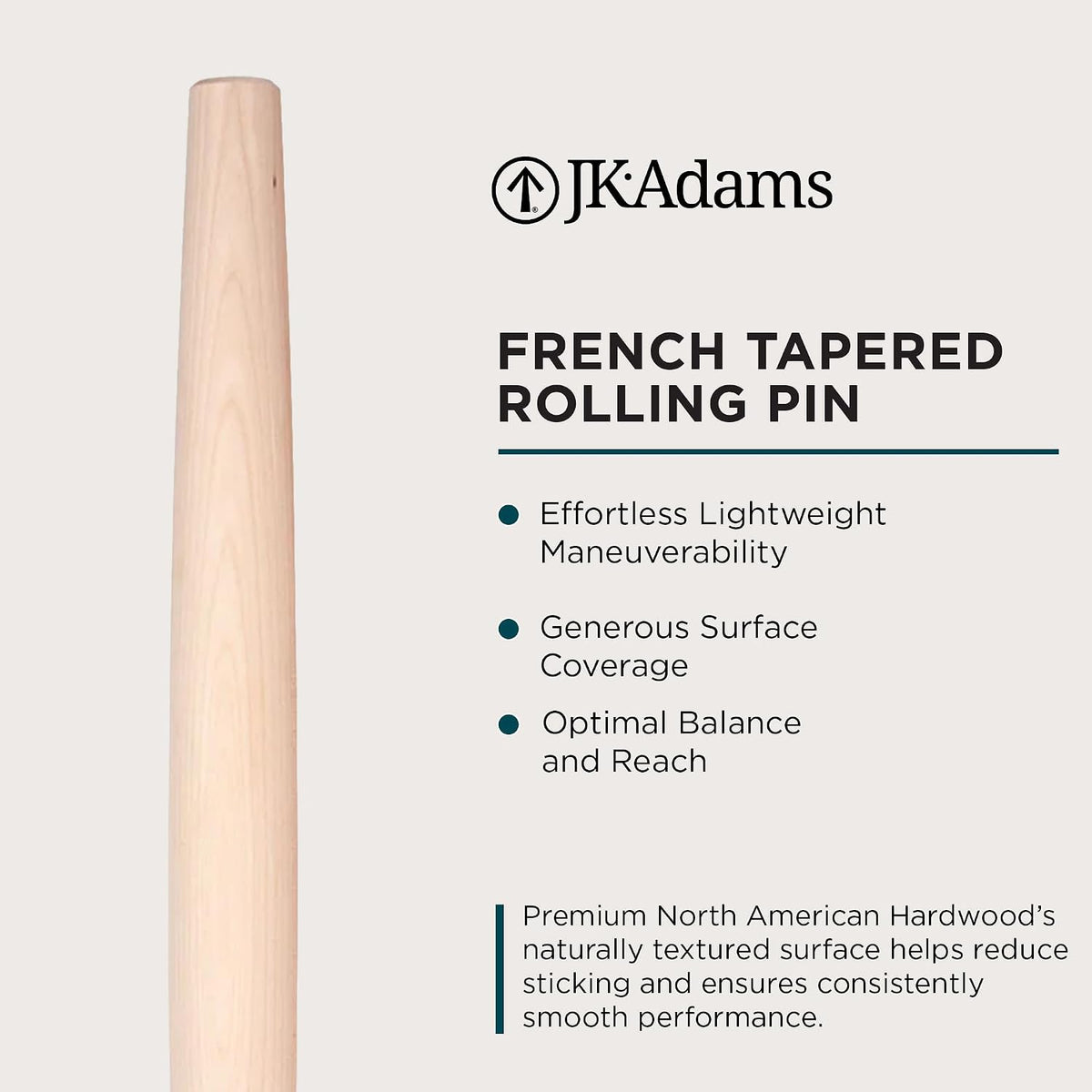 French Tapered Rolling Pin, Wooden Baking Dowel, 20.5" x 1.75"