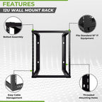 NavePoint 12U Wall Mount Rack - Server Rack for 19 Inch IT Equipment Open Frame Rack – Network Rack for AV & Server Equipment 16” Deep Rack, Black