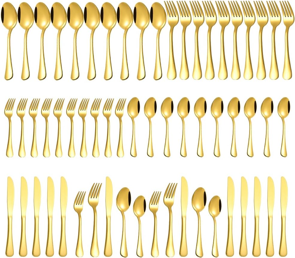 Gold Silverware Set for 12, Compralo 60 Pieces Stainless Steel Shiny Gold Flatware Set, Cutlery Tableware Set Include