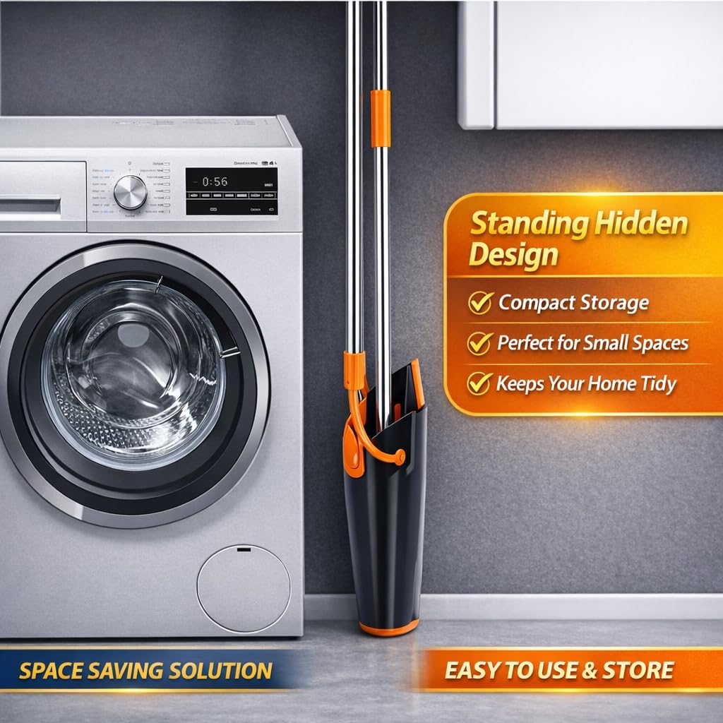 Broom and Dustpan Set with Long Handle, Upright Standing Self-Cleaning Combo, Windproof Dustpan with 6 Bonus Cleaning