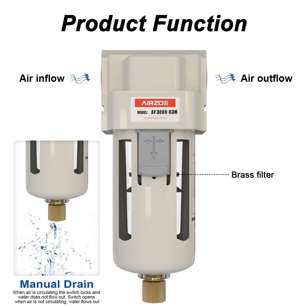 AIRZOE 3/8" NPT Compressed Air Filter, Semi-Auto Drain,0-150psi, AF3000-03