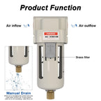 AIRZOE 3/8" NPT Compressed Air Filter, Semi-Auto Drain,0-150psi, AF3000-03