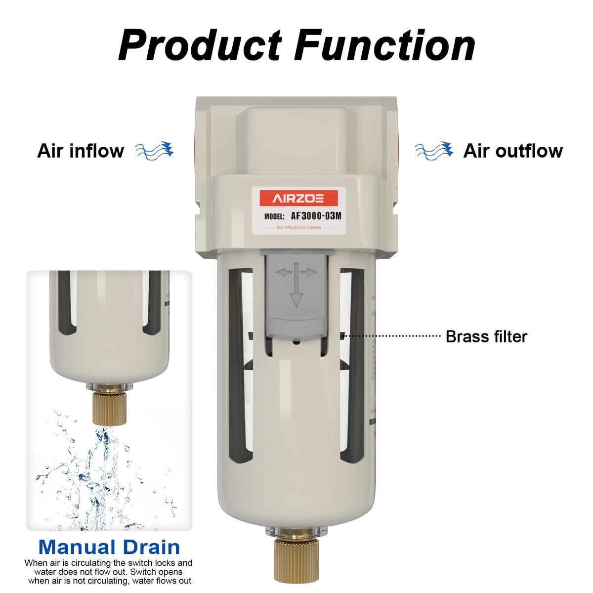 AIRZOE 3/8" NPT Compressed Air Filter, Semi-Auto Drain,0-150psi, AF3000-03