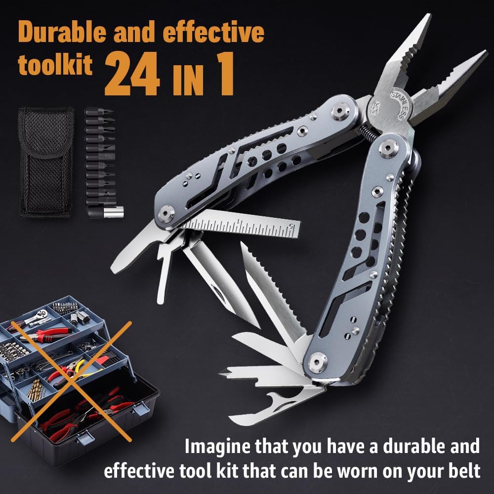 24-in-1 Multitool with Knife, Pliers & 11 Bits Sharp Stainless Steel - Multi Tool for Men - Ideal Gear with Tools for