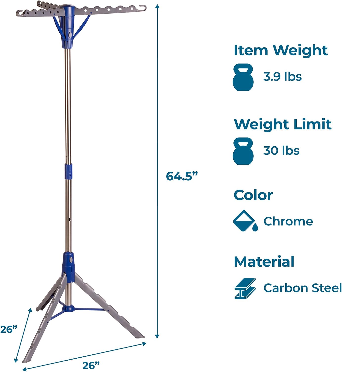 64-Inch Steel Tripod Clothes Drying Rack, Foldable Collapsible Laundry Stand with 3 Rotatable Arms, Holds 30 Hangers